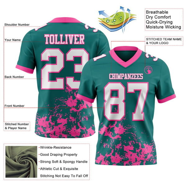 Custom Teal White-Pink 3D Pattern Splash Authentic Football Jersey alternate