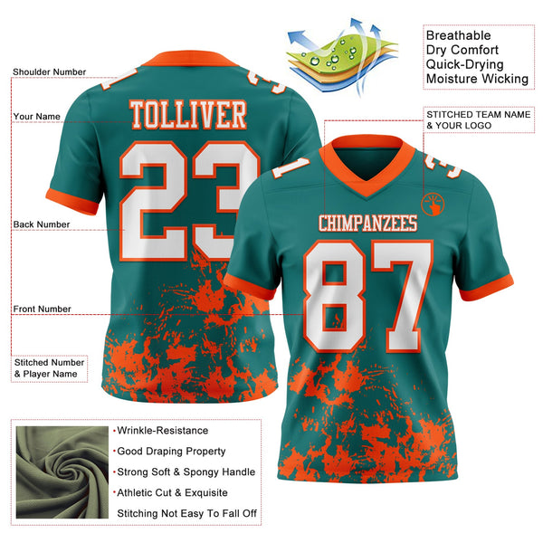 Custom Teal White-Orange 3D Pattern Splash Authentic Football Jersey alternate