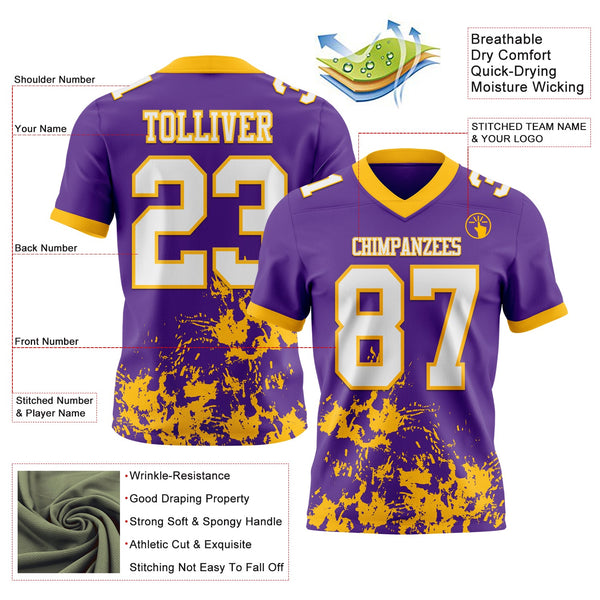 Custom Purple White-Gold 3D Pattern Splash Authentic Football Jersey alternate