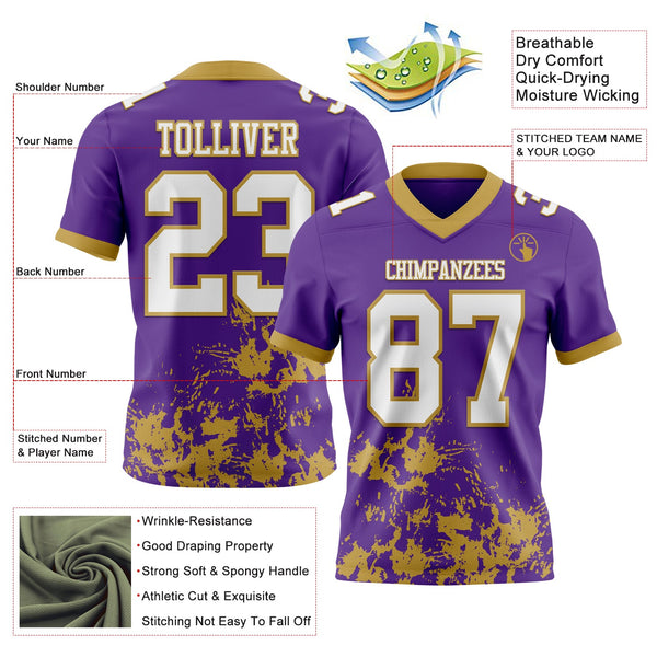 Custom Purple White-Old Gold 3D Pattern Splash Authentic Football Jersey alternate