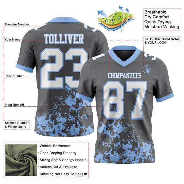 Custom Steel Gray White-Light Blue 3D Pattern Splash Authentic Football Jersey alternate