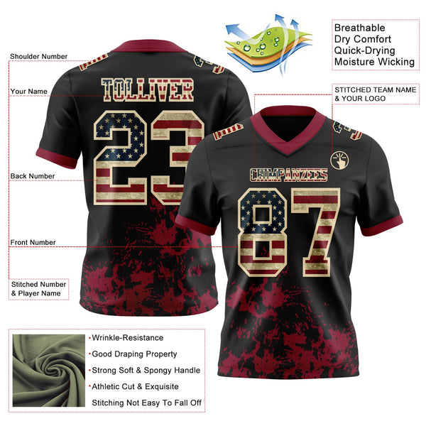 Custom Black Vintage USA Flag Crimson-Cream 3D Pattern Splash Authentic Football Jersey alternate