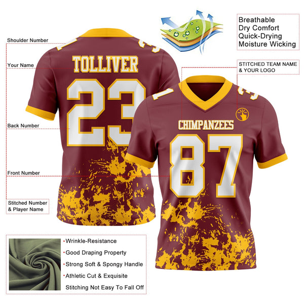 Custom Burgundy White-Gold 3D Pattern Splash Authentic Football Jersey alternate
