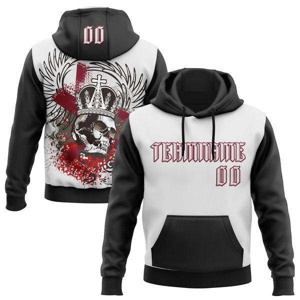 Custom White Black-Crimson 3D Skull Gothic Emperor Royalty Sports Pullover Sweatshirt Hoodie