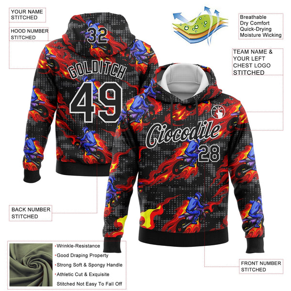 Custom Stitched Black White 3D Pattern Design Flame Motorcycle Motocross Racing Sports Pullover Sweatshirt Hoodie alternate