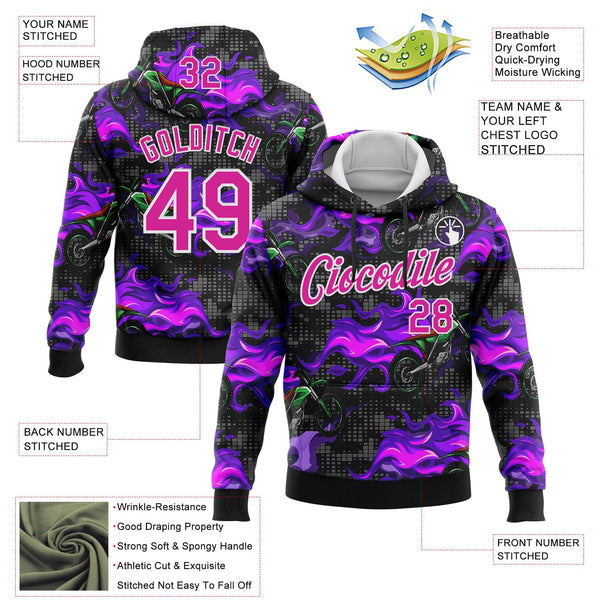 Custom Stitched Black Deep Pink-White 3D Pattern Design Flame Motorcycle Motocross Racing Sports Pullover Sweatshirt Hoodie alternate