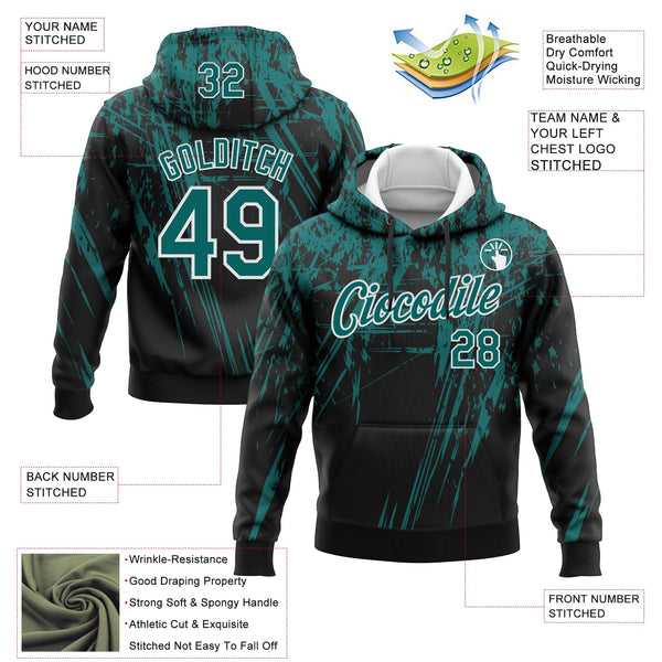 Custom Stitched Black Teal-White 3D Pattern Design Splash Grunge Art Sports Pullover Sweatshirt Hoodie alternate