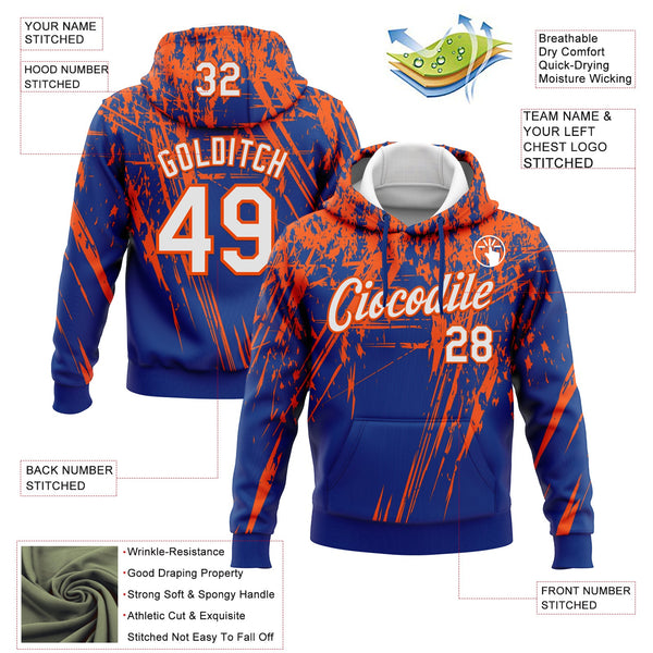 Custom Stitched Royal White-Orange 3D Pattern Design Splash Grunge Art Sports Pullover Sweatshirt Hoodie alternate