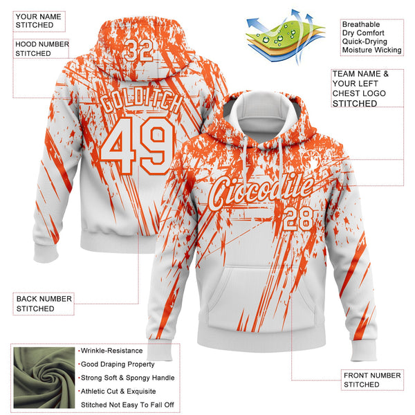 Custom Stitched White Orange 3D Pattern Design Splash Grunge Art Sports Pullover Sweatshirt Hoodie alternate