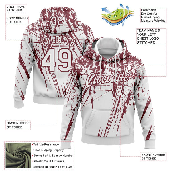 Custom Stitched White Burgundy 3D Pattern Design Splash Grunge Art Sports Pullover Sweatshirt Hoodie alternate