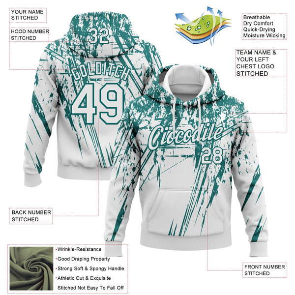 Custom Stitched White Teal 3D Pattern Design Splash Grunge Art Sports Pullover Sweatshirt Hoodie alternate
