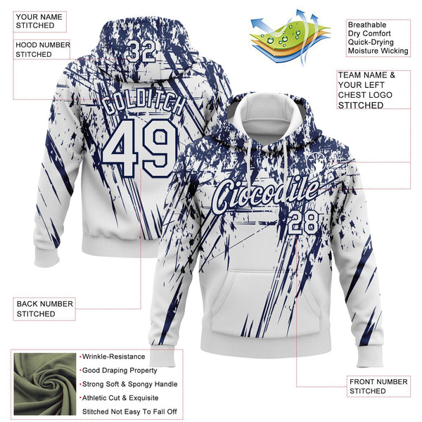 Custom Stitched White Navy 3D Pattern Design Splash Grunge Art Sports Pullover Sweatshirt Hoodie alternate