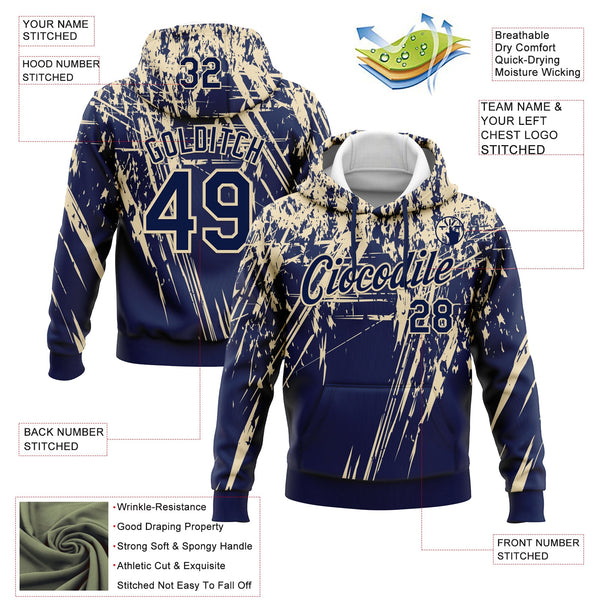 Custom Stitched Navy Cream 3D Pattern Design Splash Grunge Art Sports Pullover Sweatshirt Hoodie alternate