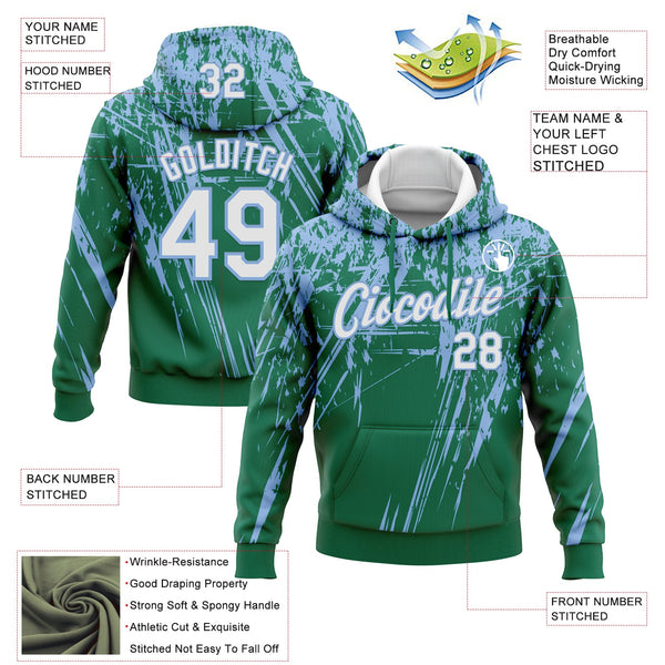 Custom Stitched Kelly Green White-Light Blue 3D Pattern Design Splash Grunge Art Sports Pullover Sweatshirt Hoodie alternate