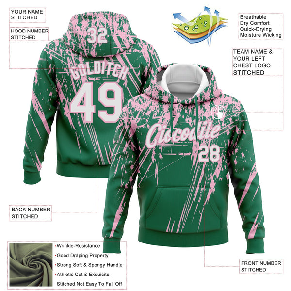 Custom Stitched Kelly Green White-Light Pink 3D Pattern Design Splash Grunge Art Sports Pullover Sweatshirt Hoodie alternate