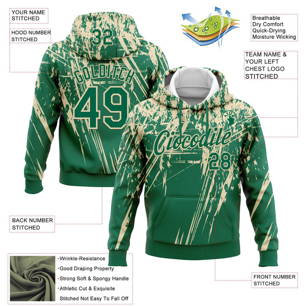 Custom Stitched Kelly Green Cream 3D Pattern Design Splash Grunge Art Sports Pullover Sweatshirt Hoodie alternate