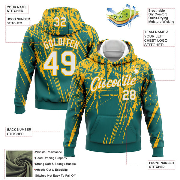 Custom Stitched Teal White-Gold 3D Pattern Design Splash Grunge Art Sports Pullover Sweatshirt Hoodie alternate
