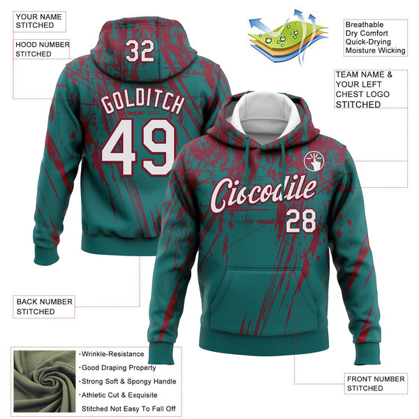 Custom Stitched Teal White-Crimson 3D Pattern Design Splash Grunge Art Sports Pullover Sweatshirt Hoodie alternate