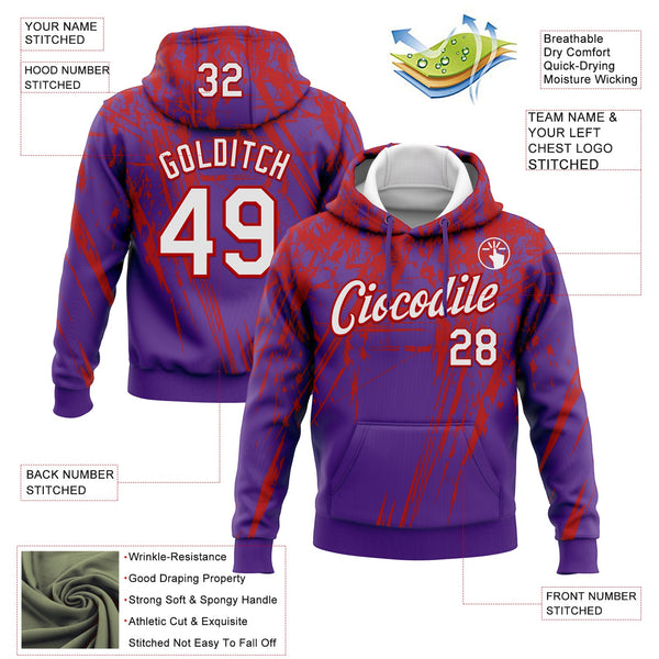 Custom Stitched Purple White-Red 3D Pattern Design Splash Grunge Art Sports Pullover Sweatshirt Hoodie alternate