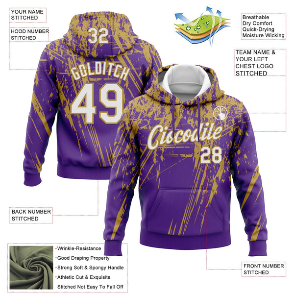 Custom Stitched Purple White-Old Gold 3D Pattern Design Splash Grunge Art Sports Pullover Sweatshirt Hoodie alternate