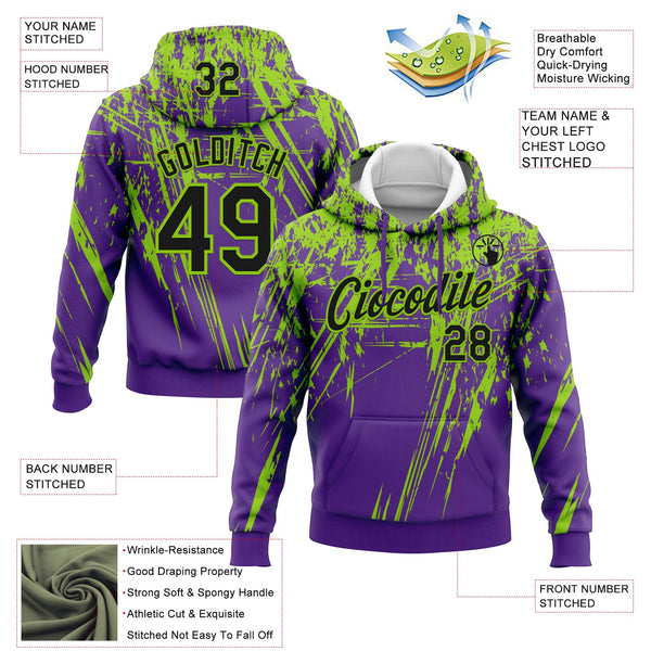 Custom Stitched Purple Black-Neon Green 3D Pattern Design Splash Grunge Art Sports Pullover Sweatshirt Hoodie alternate