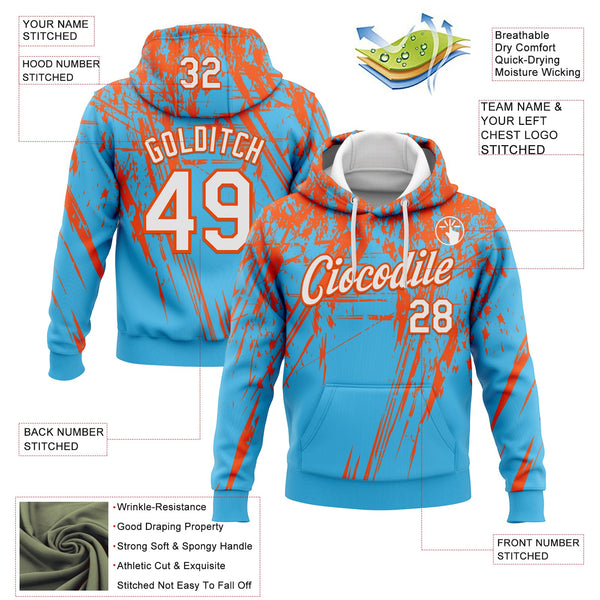 Custom Stitched Sky Blue White-Orange 3D Pattern Design Splash Grunge Art Sports Pullover Sweatshirt Hoodie alternate