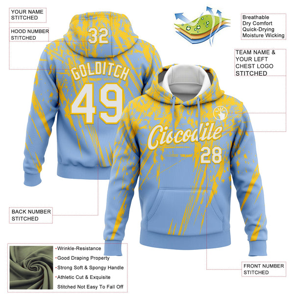 Custom Stitched Light Blue White-Yellow 3D Pattern Design Splash Grunge Art Sports Pullover Sweatshirt Hoodie alternate