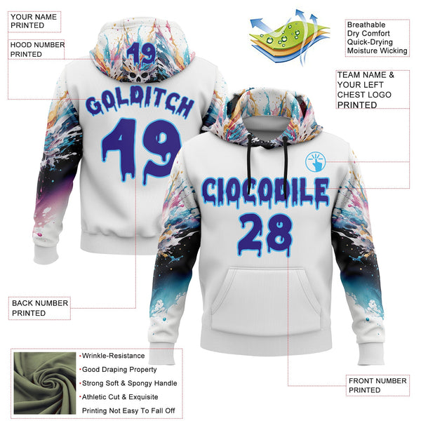 Custom White Dark Purple-Sky Blue 3D Skull Splash Graffiti Sports Pullover Sweatshirt Hoodie alternate