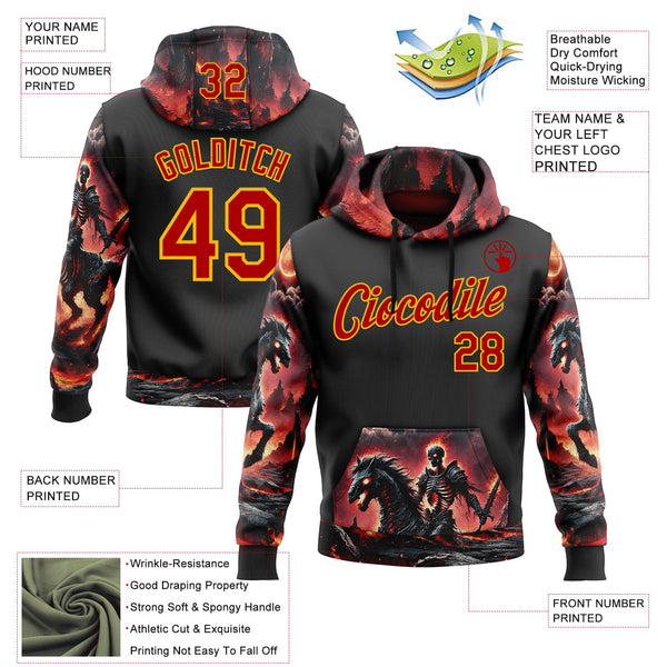 Custom Black Red-Yellow 3D Skull Flame Knight Sports Pullover Sweatshirt Hoodie alternate