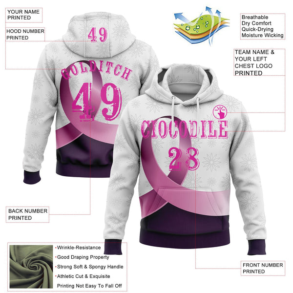 Custom White Deep Pink-Purple 3D Pink Ribbon Breast Cancer Awareness Women Health Care Support Sports Pullover Sweatshirt Hoodie alternate