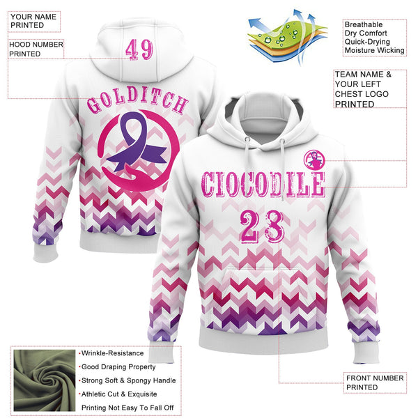 Custom White Deep Pink-Purple 3D Pink Ribbon Breast Cancer Awareness Women Health Care Support Sports Pullover Sweatshirt Hoodie alternate