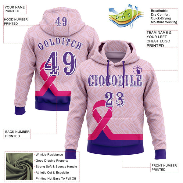 Custom Light Pink Purple Pink-White 3D Pink Ribbon Breast Cancer Awareness Women Health Care Support Sports Pullover Sweatshirt Hoodie alternate