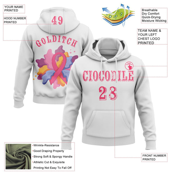 Custom White Neon Pink 3D Pink Ribbon Breast Cancer Awareness Women Health Care Support Sports Pullover Sweatshirt Hoodie alternate