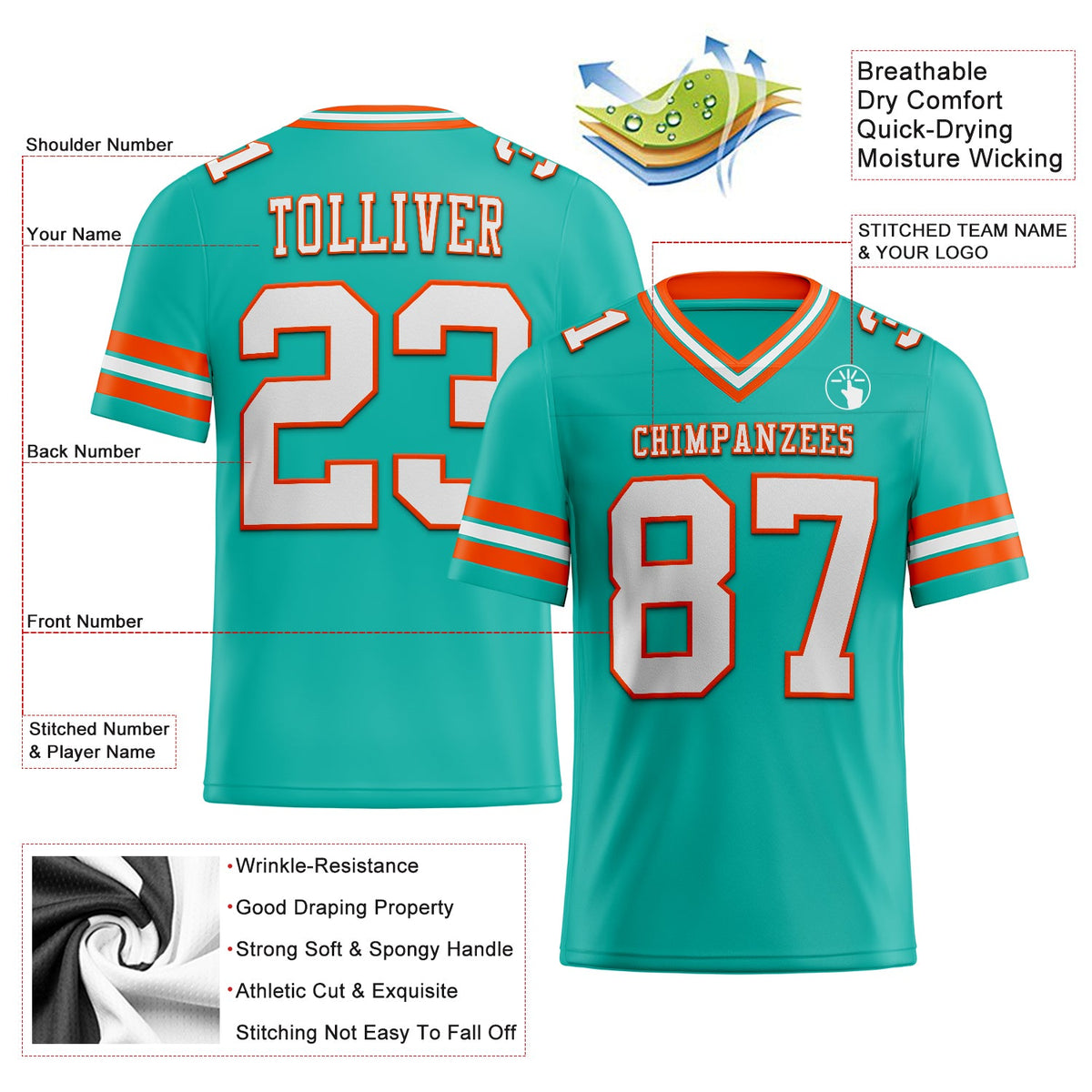 Custom Aqua White-Orange Authentic Football Jersey - Back