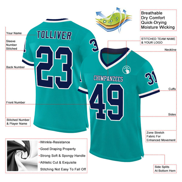 Custom Aqua Navy-White Mesh Authentic Throwback Football Jersey alternate