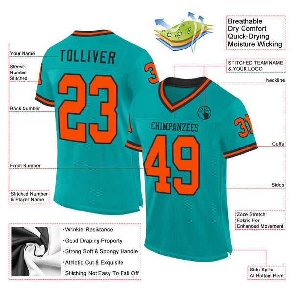 Custom Aqua Orange-Black Mesh Authentic Throwback Football Jersey alternate