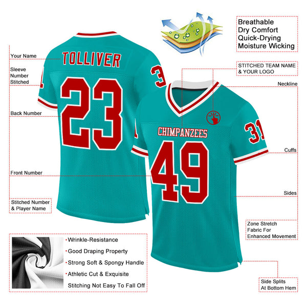 Custom Aqua Red-White Mesh Authentic Throwback Football Jersey alternate