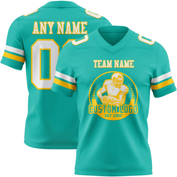 Custom Aqua White-Yellow Authentic Football Jersey alternate