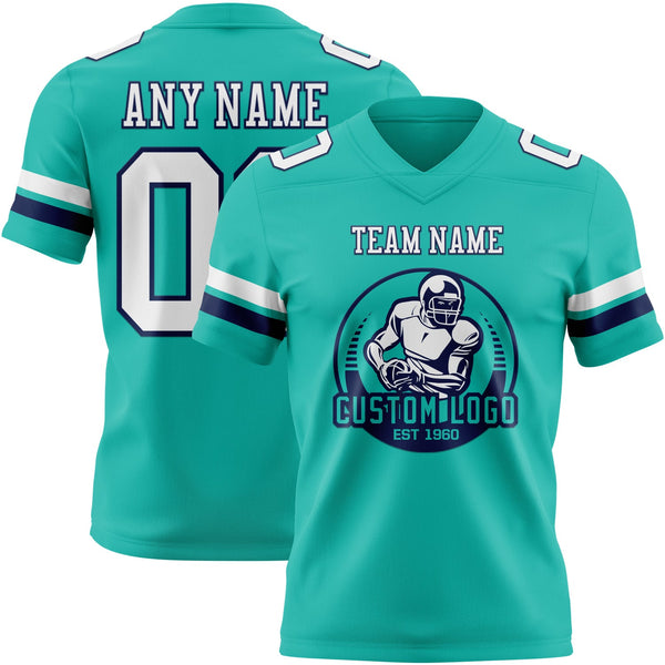 Custom Aqua White-Navy Authentic Football Jersey alternate