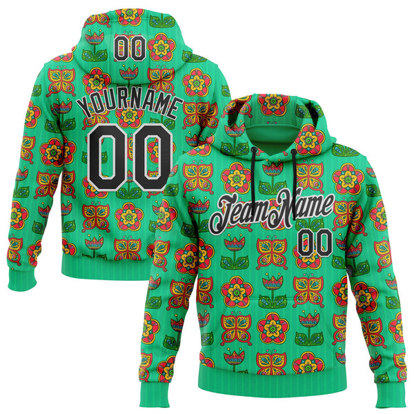 Custom Stitched Green Black-White 3D Emi Bee Butterfly Flower Sports Pullover Sweatshirt Hoodie