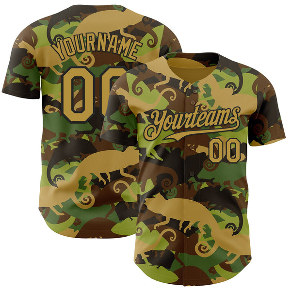 Custom Camo Old Gold-Black 3D Tobe Fonseca Armed Chameleon US Army Camouflage Authentic Baseball Jersey