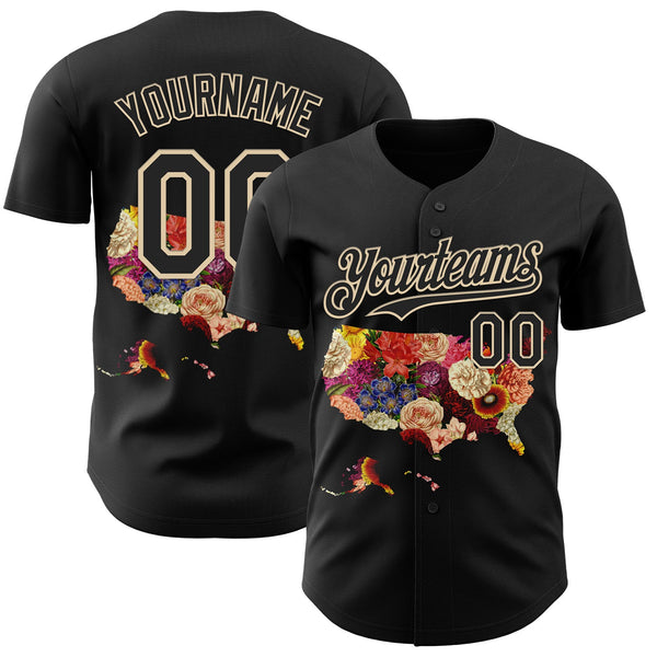 Custom Black Black-City Cream 3D Tobe Fonseca Blooming USA Map Flower Authentic Baseball Jersey