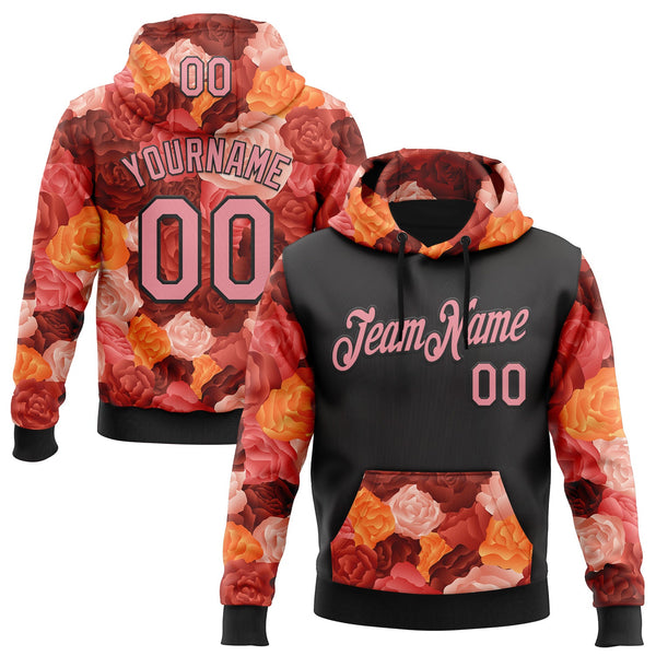 Custom Stitched Black Medium Pink 3D Ambartive Rose Pattern Sports Pullover Sweatshirt Hoodie