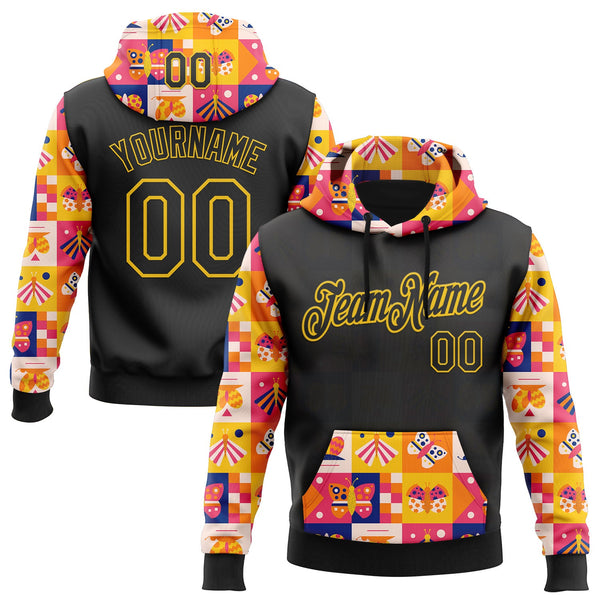 Custom Stitched Black Yellow 3D Ambartive Abstract Butterfly Pattern Sports Pullover Sweatshirt Hoodie