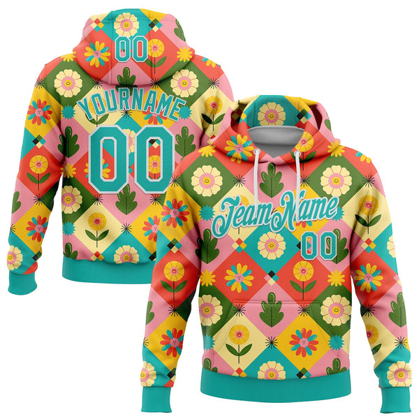 Custom Stitched Medium Pink Aqua-White 3D Ambartive Checkered Flower Pattern Sports Pullover Sweatshirt Hoodie