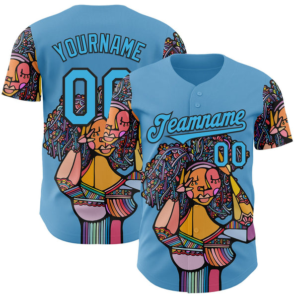 Custom Blue Sky Blue-Black Ninhol Black Flowers Authentic Baseball Jersey
