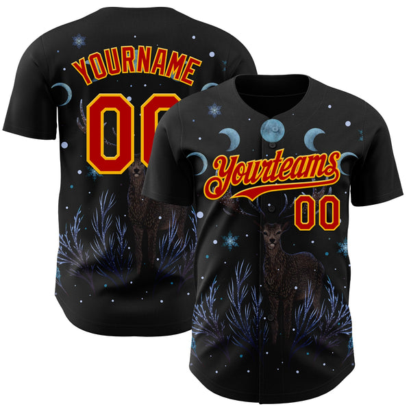Custom Black Red-Gold Episodic Drawing Winter Deer Authentic Baseball Jersey
