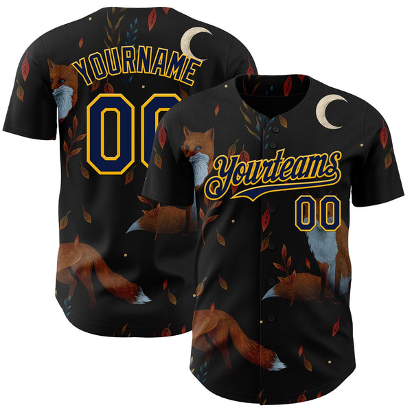 Custom Black Navy-Gold Episodic Drawing Forest Foxes Authentic Baseball Jersey