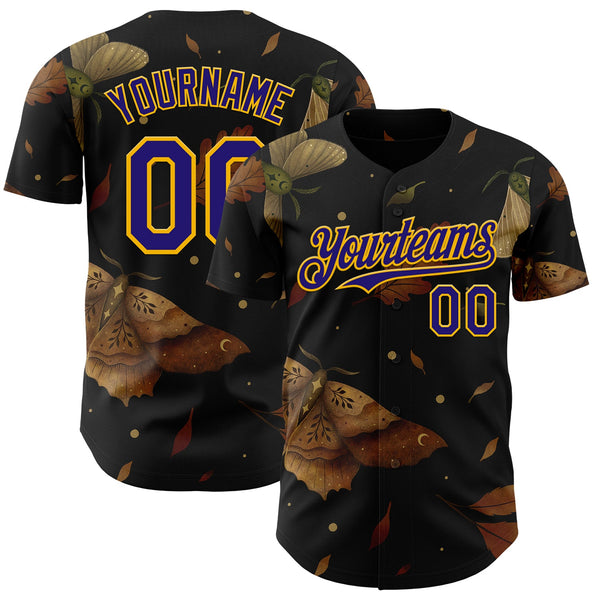 Custom Black Dark Purple-Gold Episodic Drawing Autumn Moth Authentic Baseball Jersey