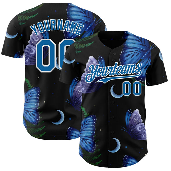 Custom Black Blue-White Episodic Drawing Blue Morpho Butterfly Authentic Baseball Jersey